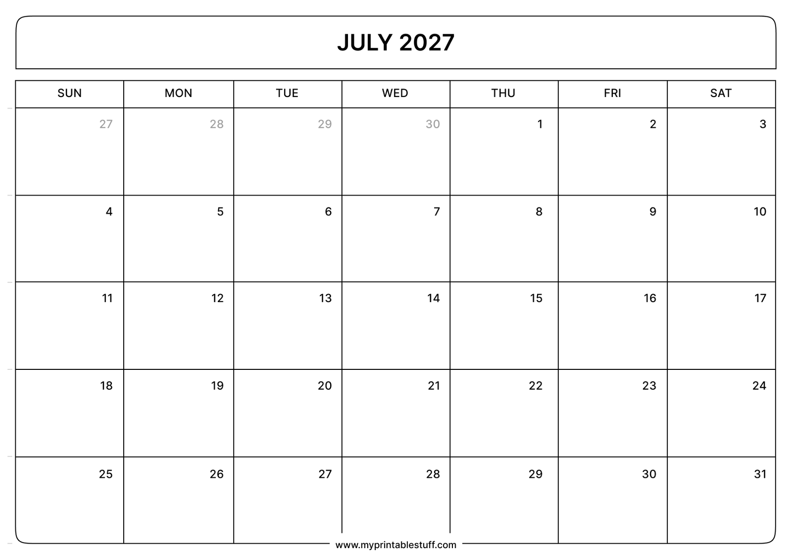 July 2027 Calendar  Landscape