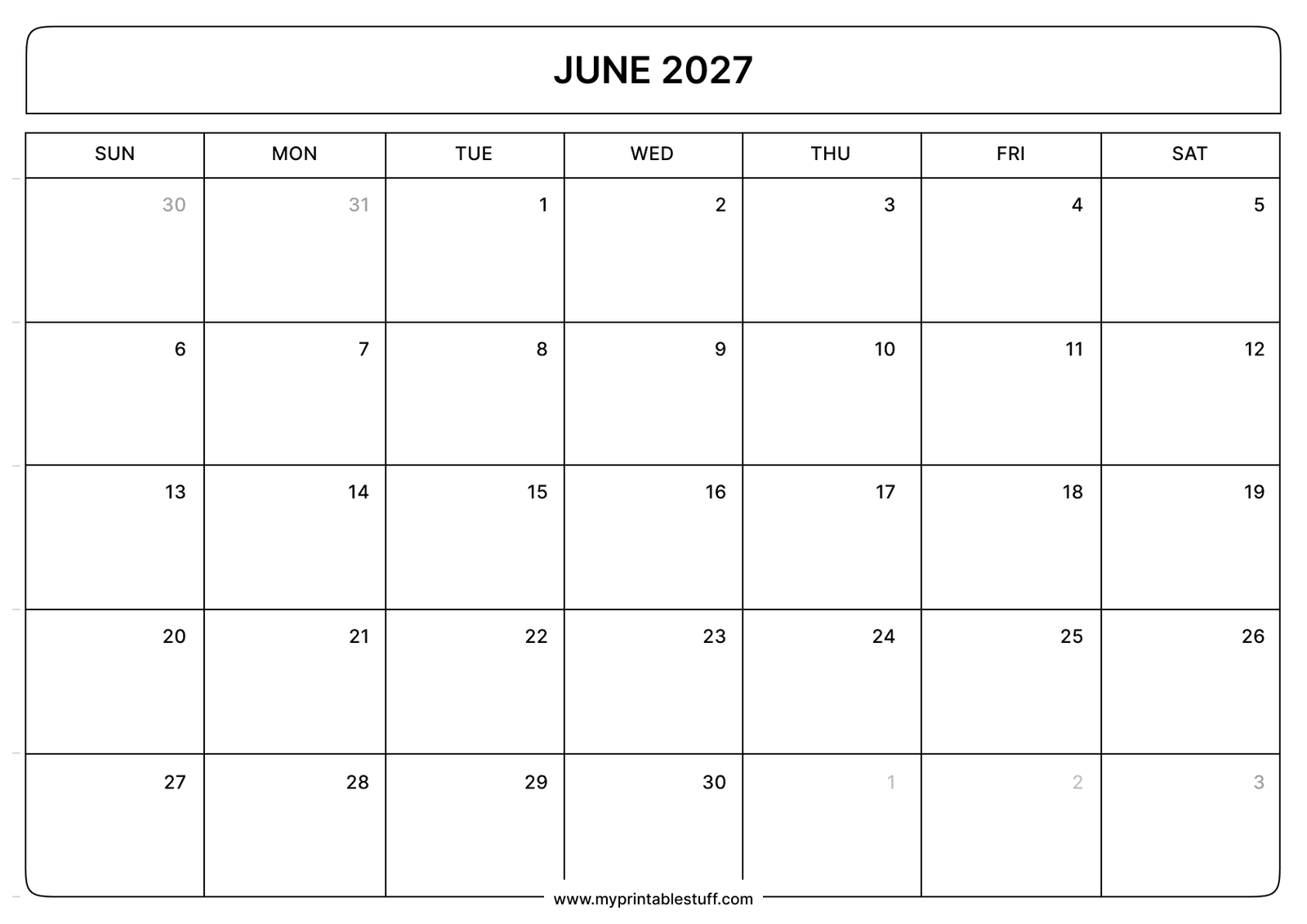 June 2027 Calendar Landscape