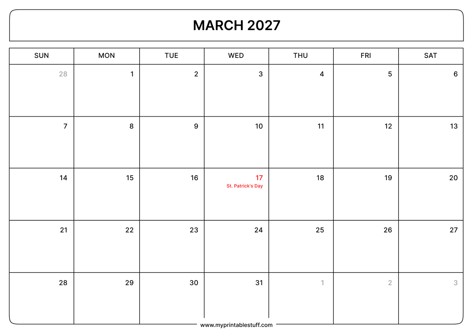 Printable March 2027 Calendar With US Holidays Landscape