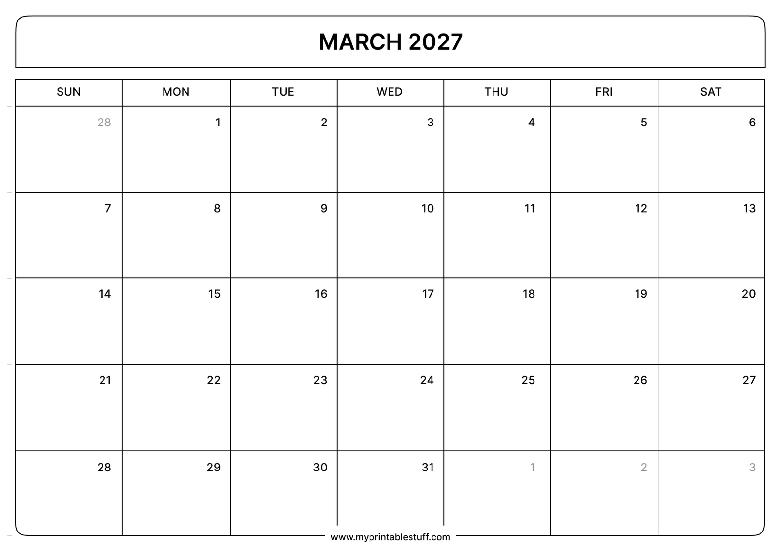 March 2027 Calendar Landscape