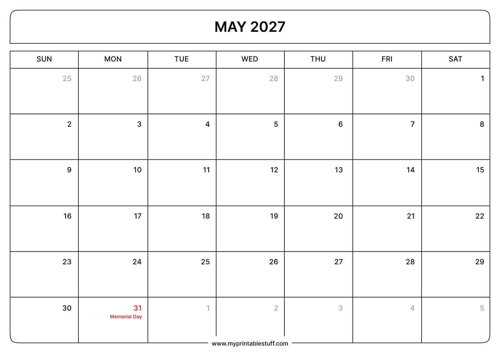 Printable May 2027 Calendar With US Holidays Landscape