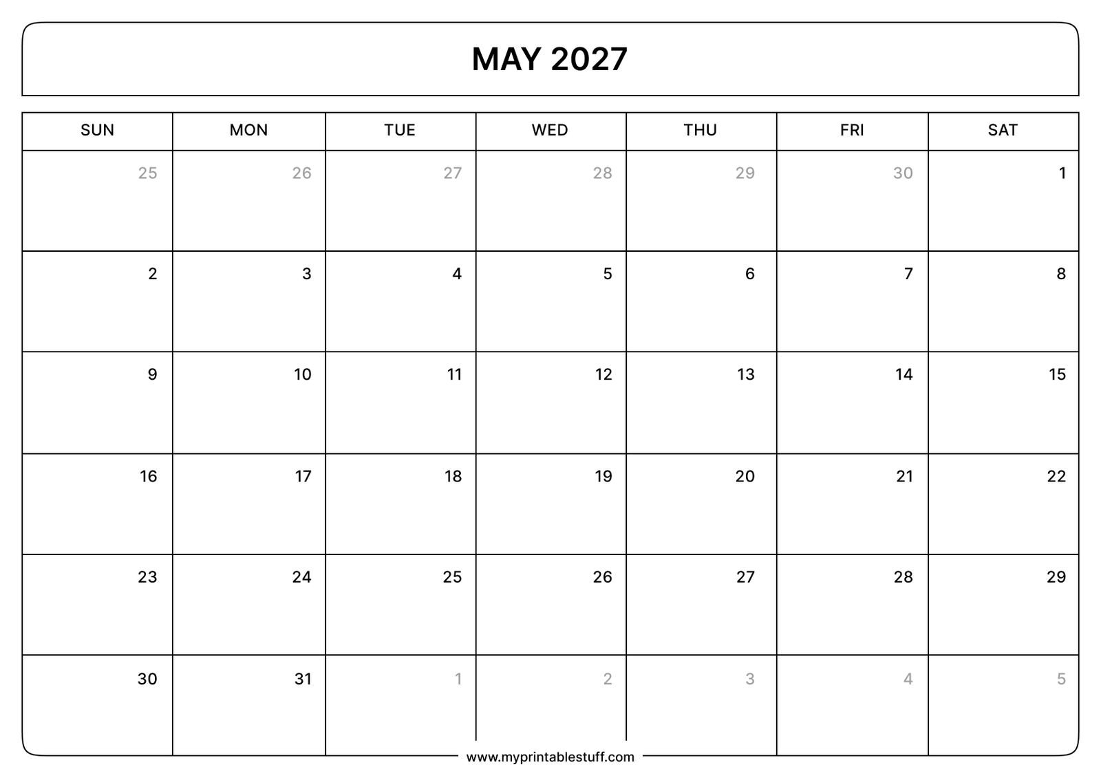 May 2027 Calendar Landscape