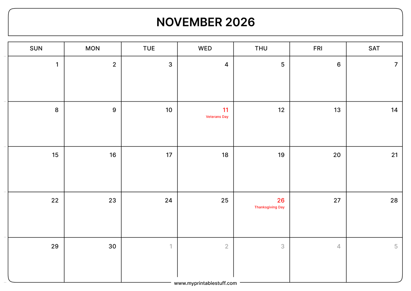 Printable November 2026 Calendar With US Holidays Landscape