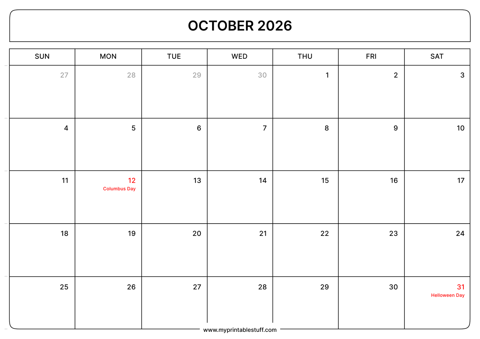 Printable October 2026 Calendar With US Holidays Landscape