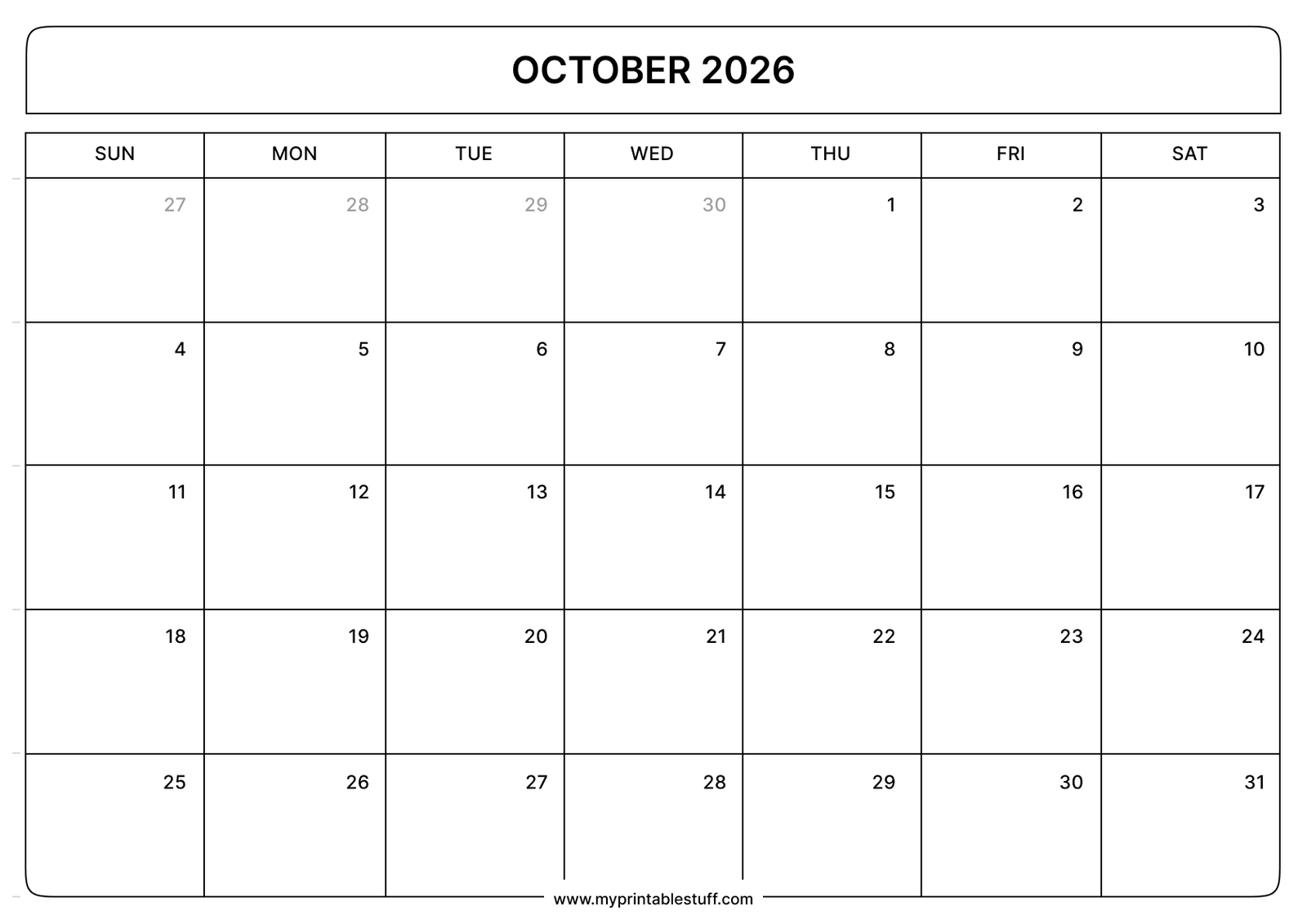 October 2026 Calendar Landscape