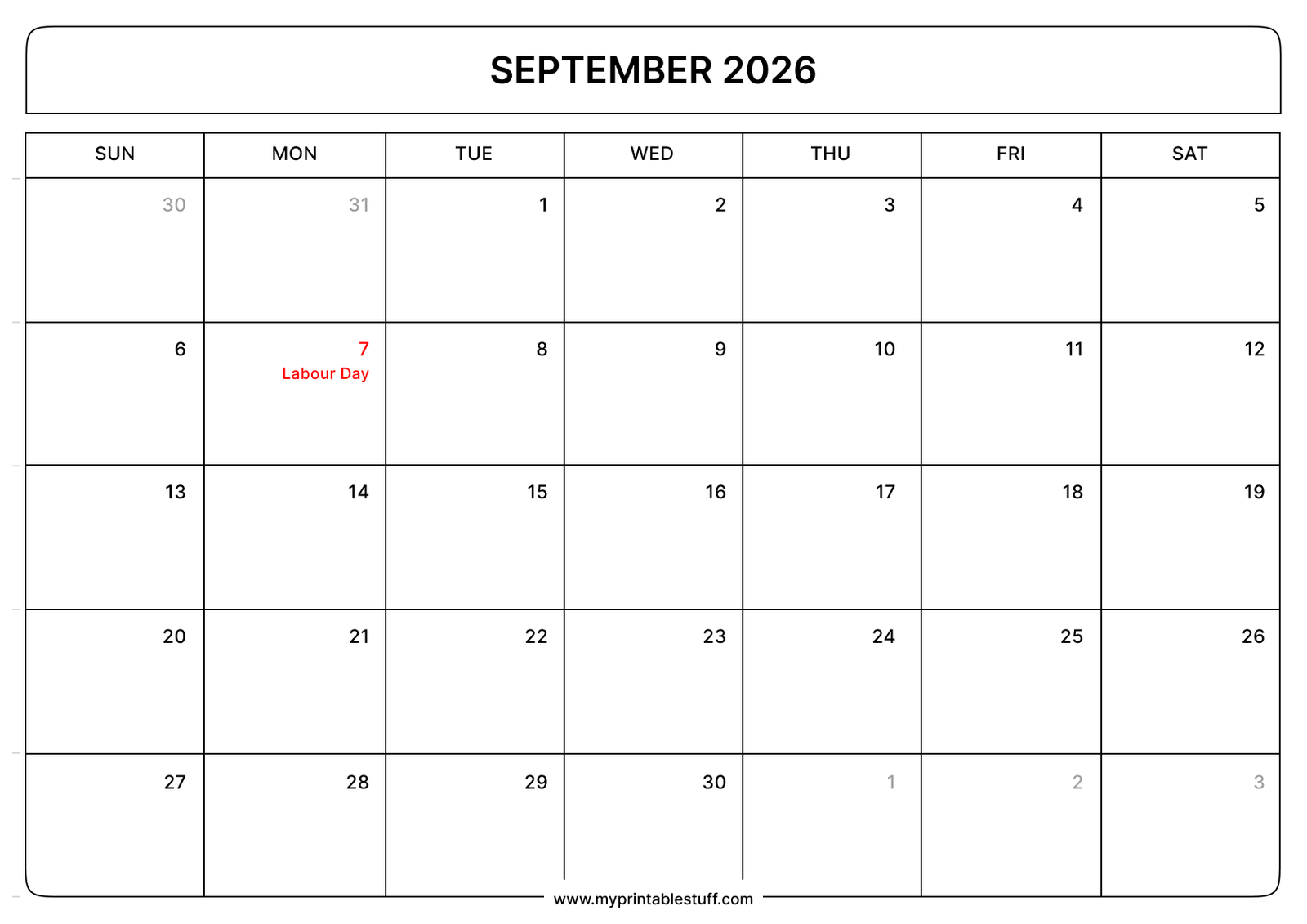 Printable September 2026 Calendar With US Holidays Portrait