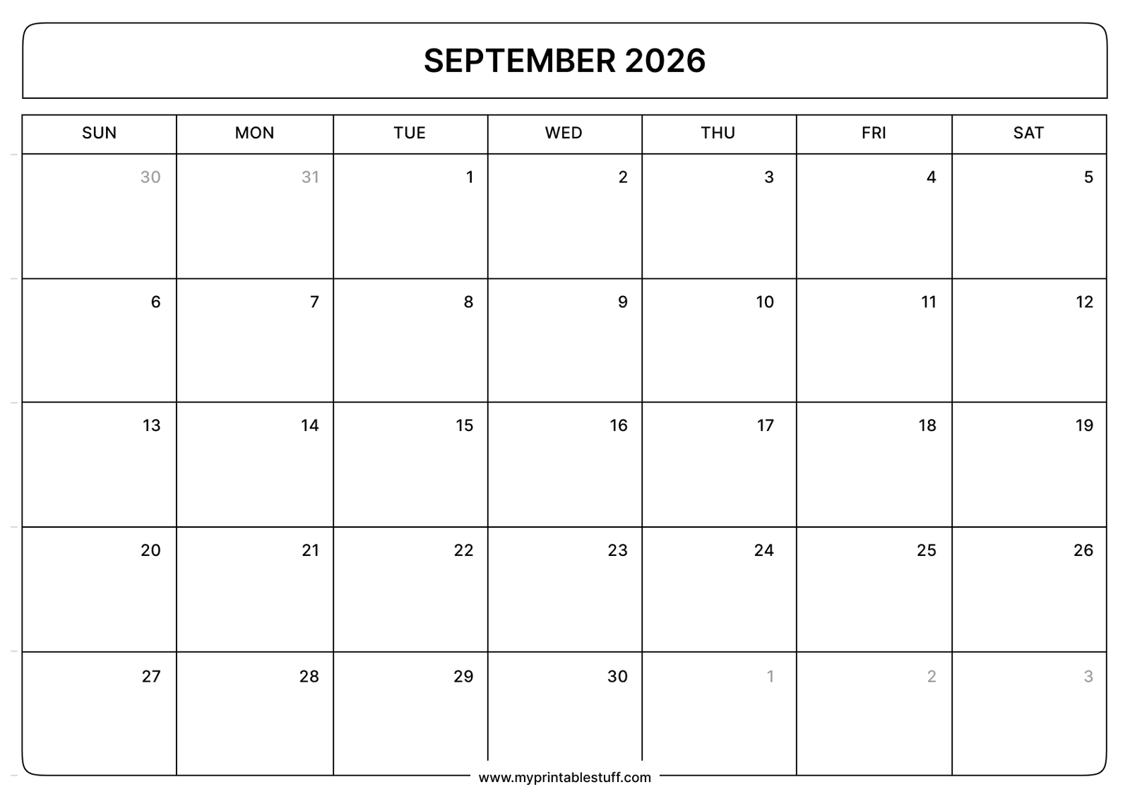 September 2026 Calendar Landscape
