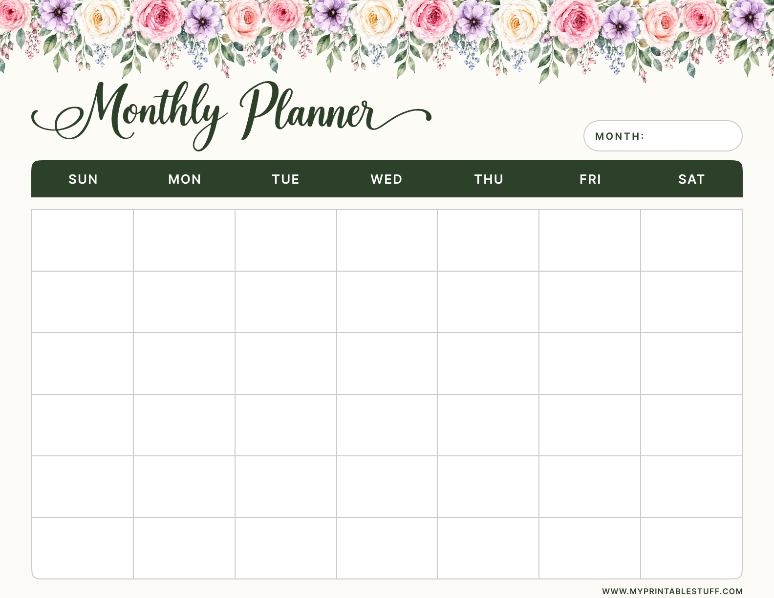 Printable Aesthetic Floral Monthly Planner Template Landscape