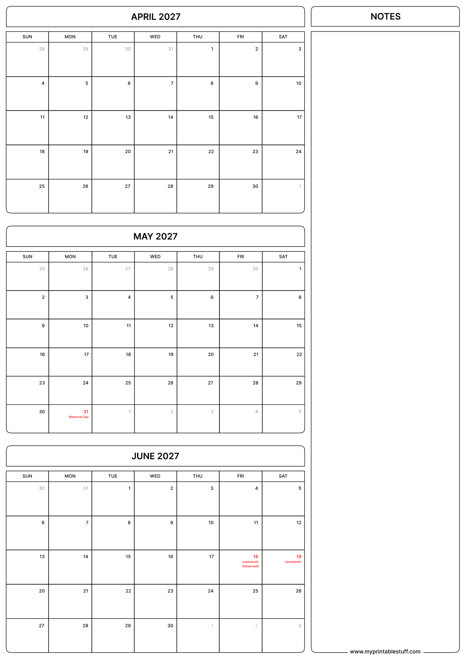 April May June 2027 Calendar with US Holiday Portrait