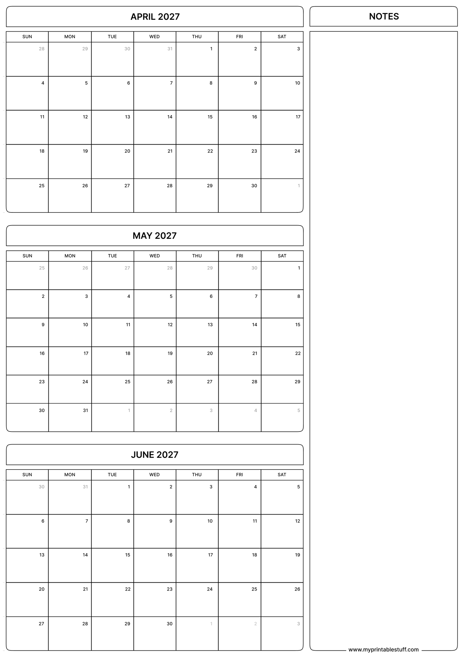 April May June 2027 Calendar Portrait