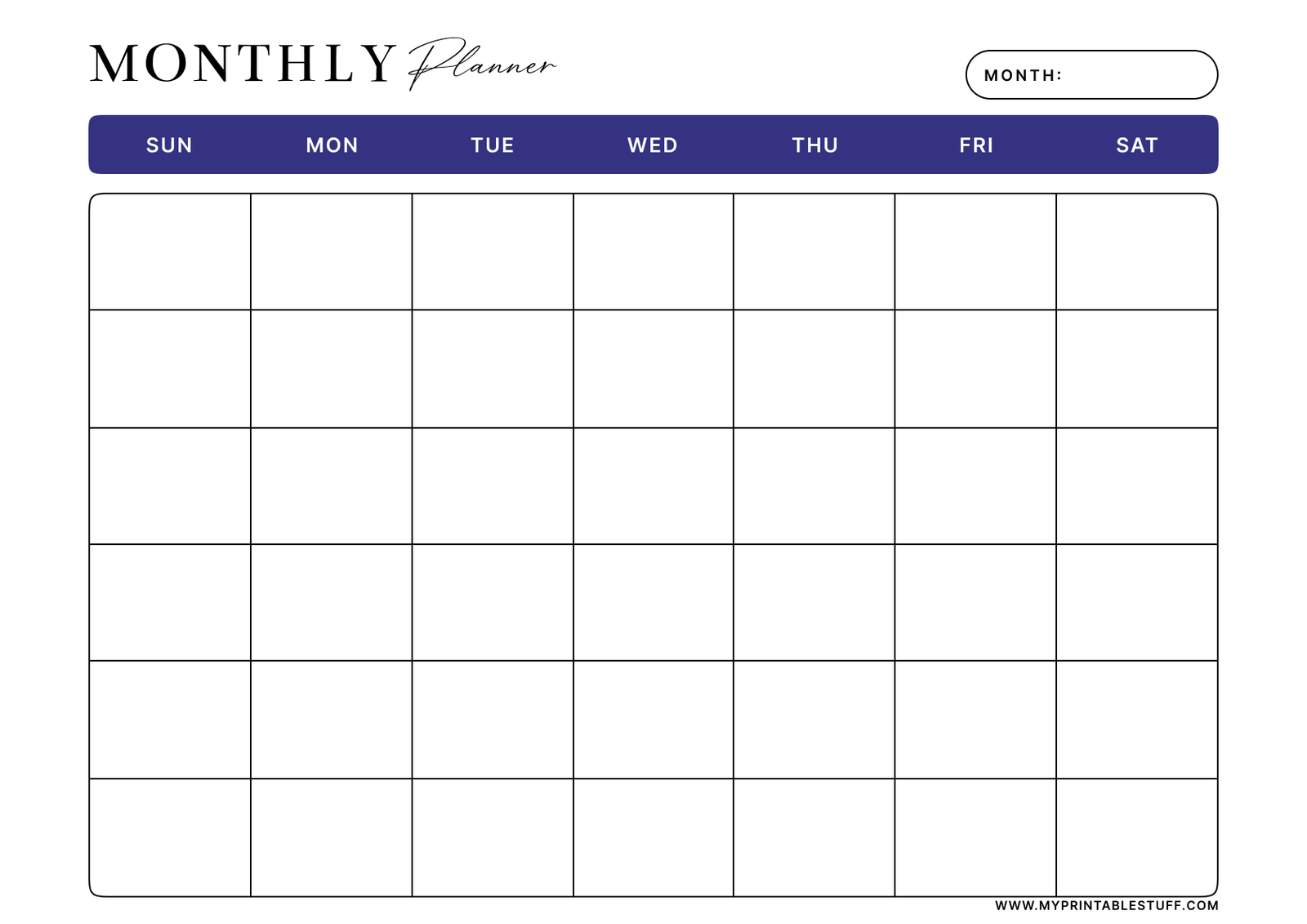 Printable Classic Blue Monthly Planner Template Landscape