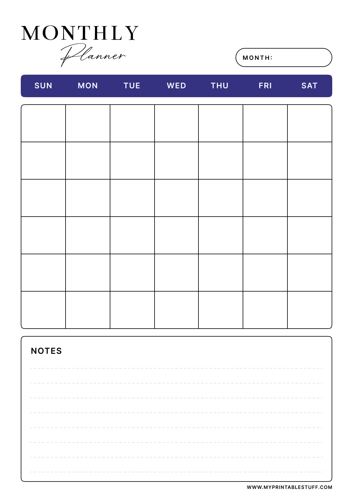 Printable Classic Blue Monthly Planner Template Portrait