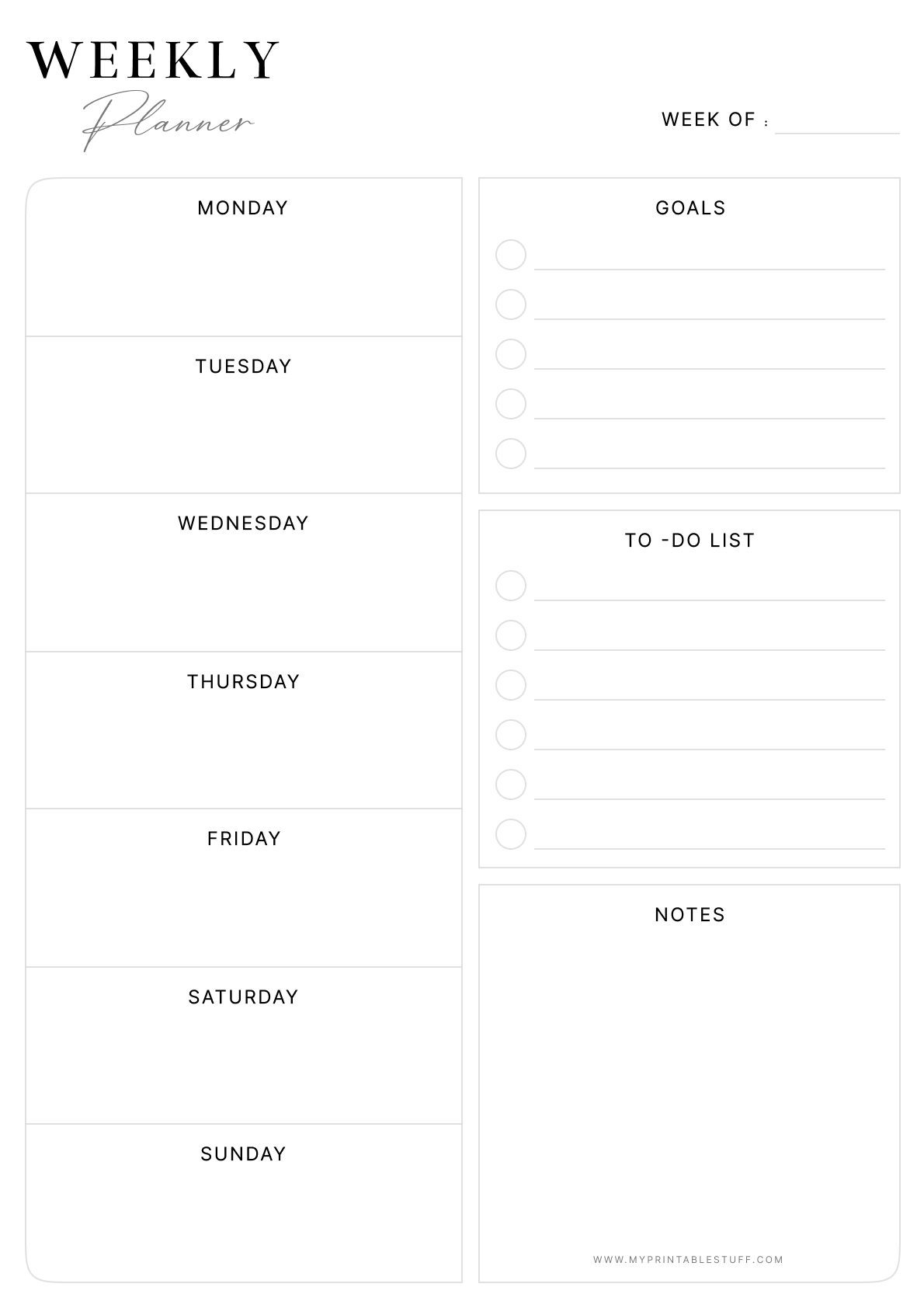 Printable Classic Weekly Planner Template Portrait