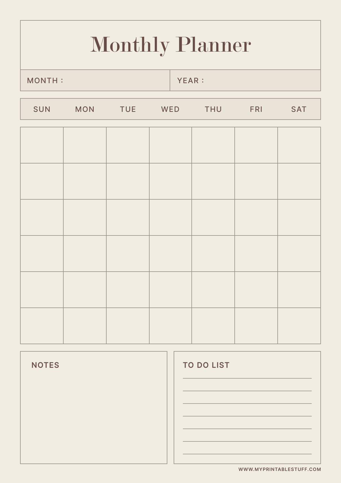 Printable Earthy Tone Monthly Planner Template Portrait