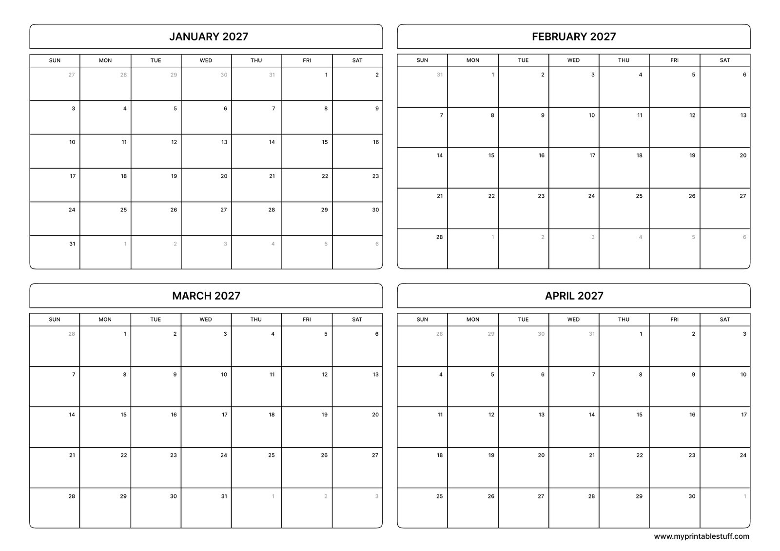 January February March April 2027 Calendar Landscape
