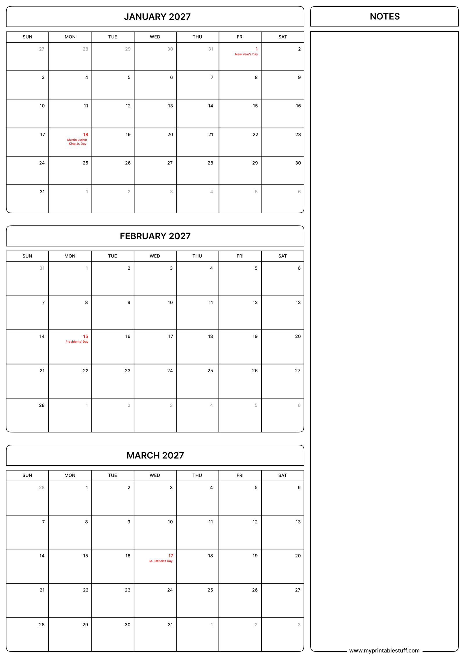 January February March 2027 Calendar with US Holiday Portrait