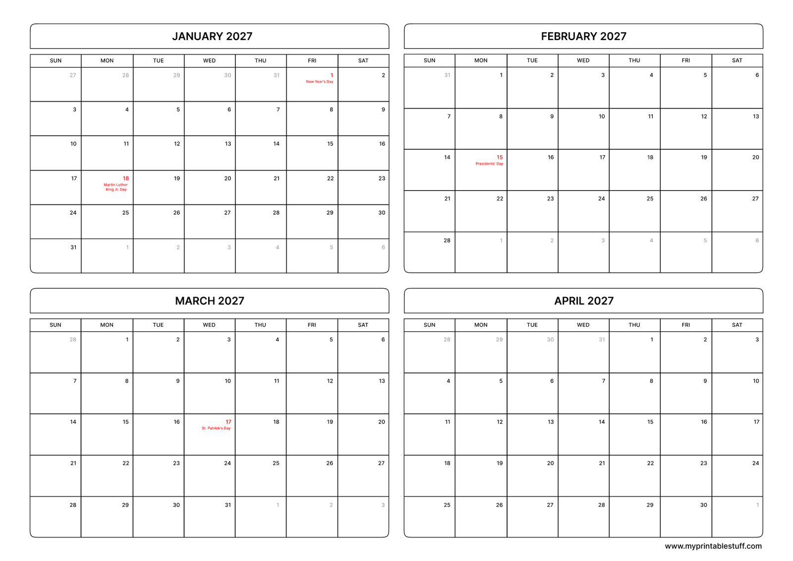 January February March April 2027 Calendar with US Holiday Landscape