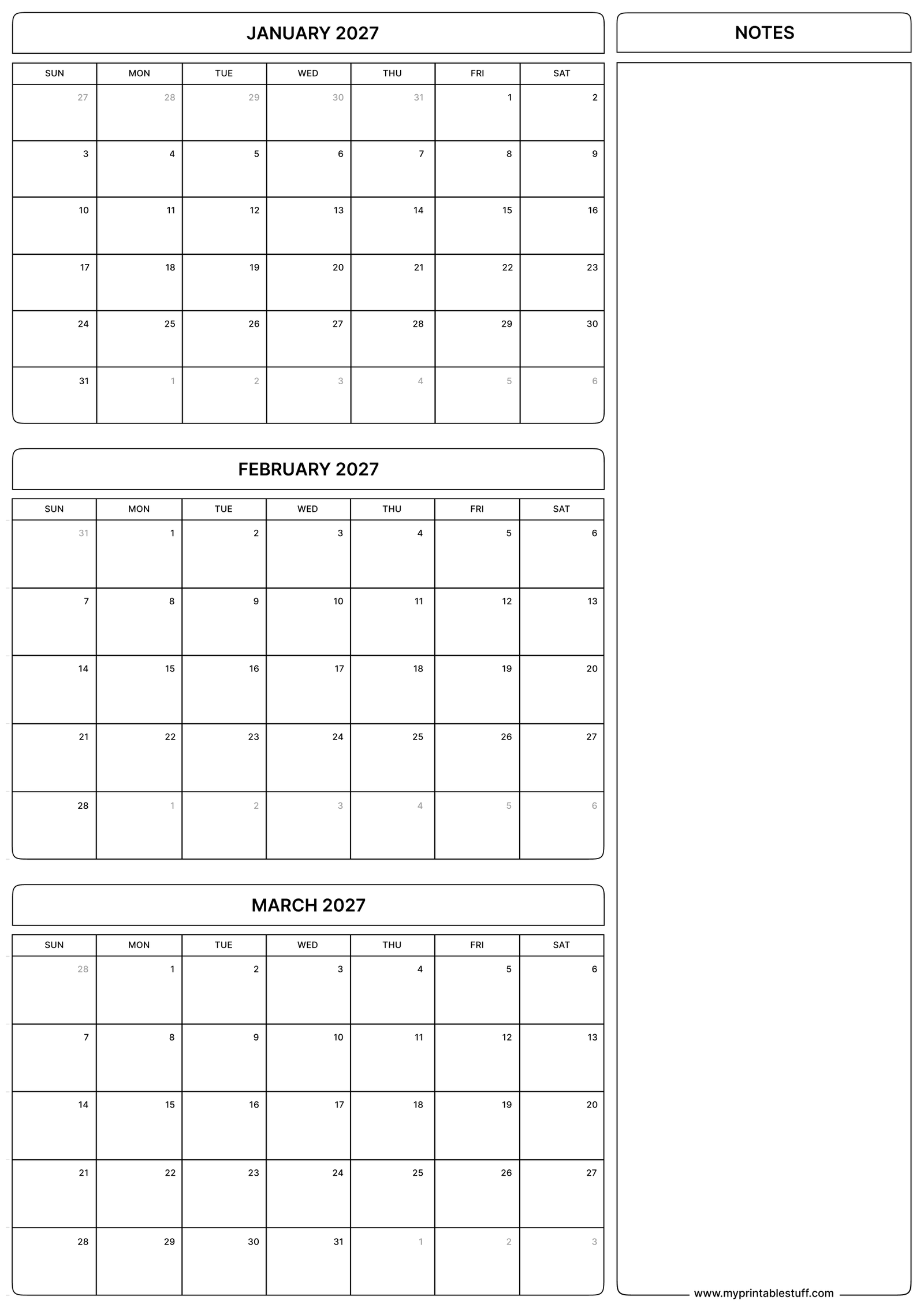 January February March 2027 Calendar Portrait