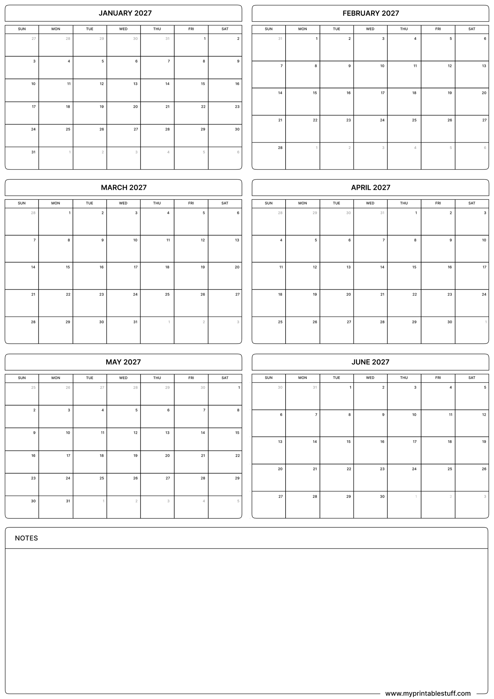 January February March April May June Calendar Portrait