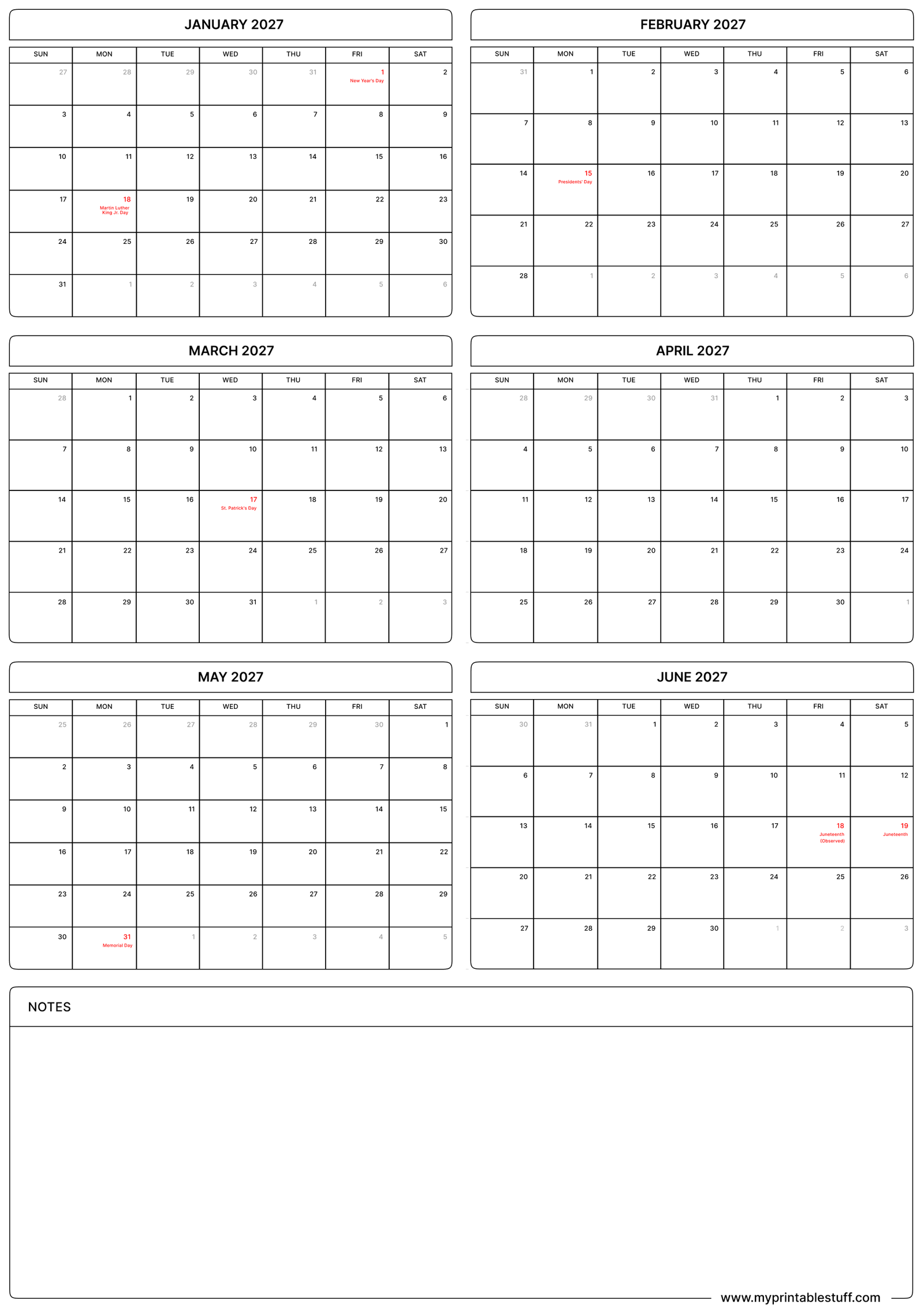 January February March April May June Calendar with US Holiday Portrait