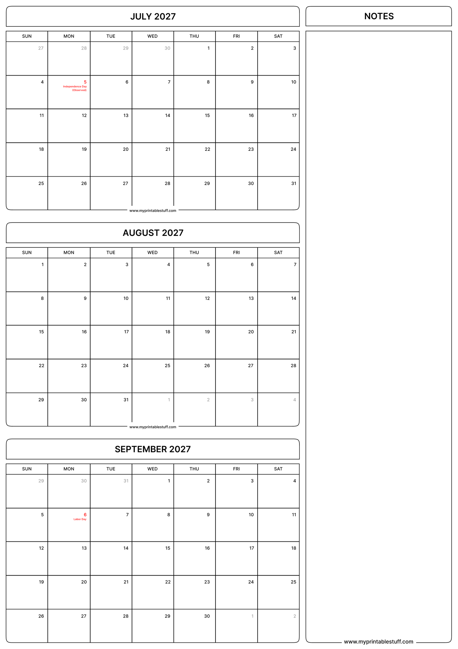 July August September 2027 Calendar with US Holiday Portrait