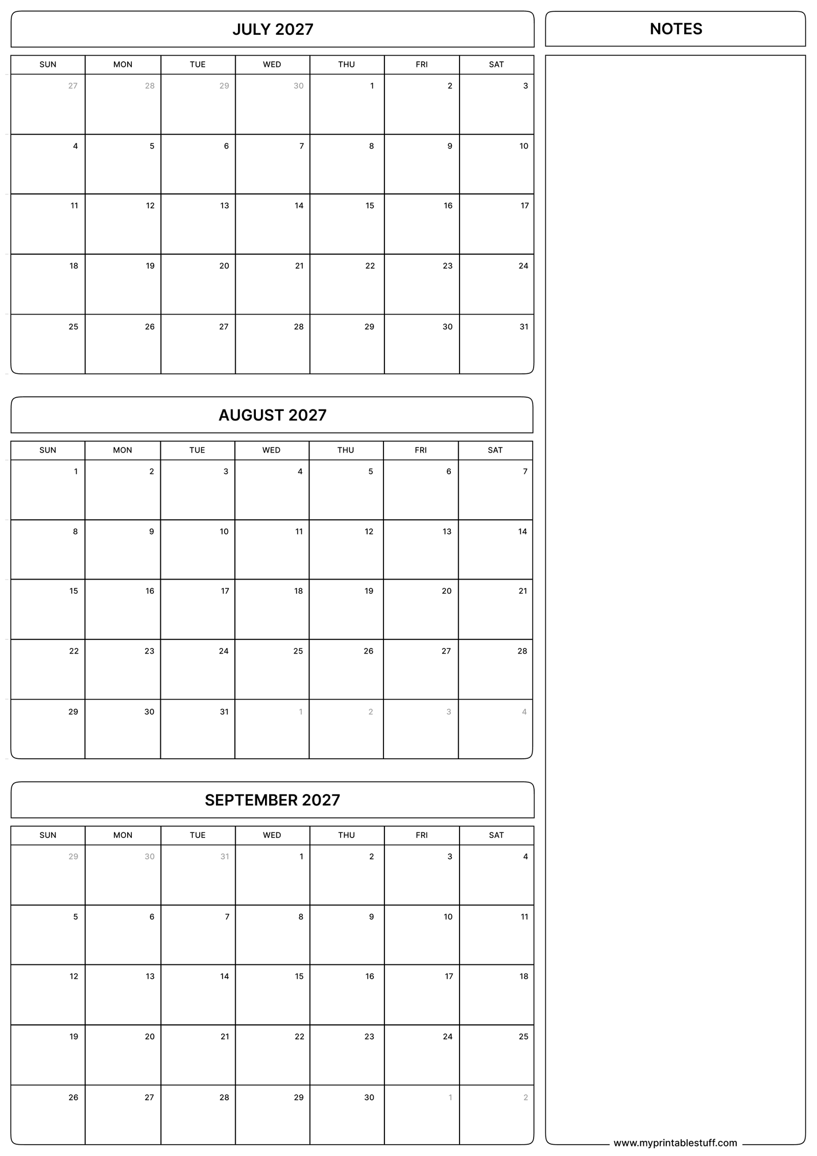 July August September 2027 Calendar Portrait