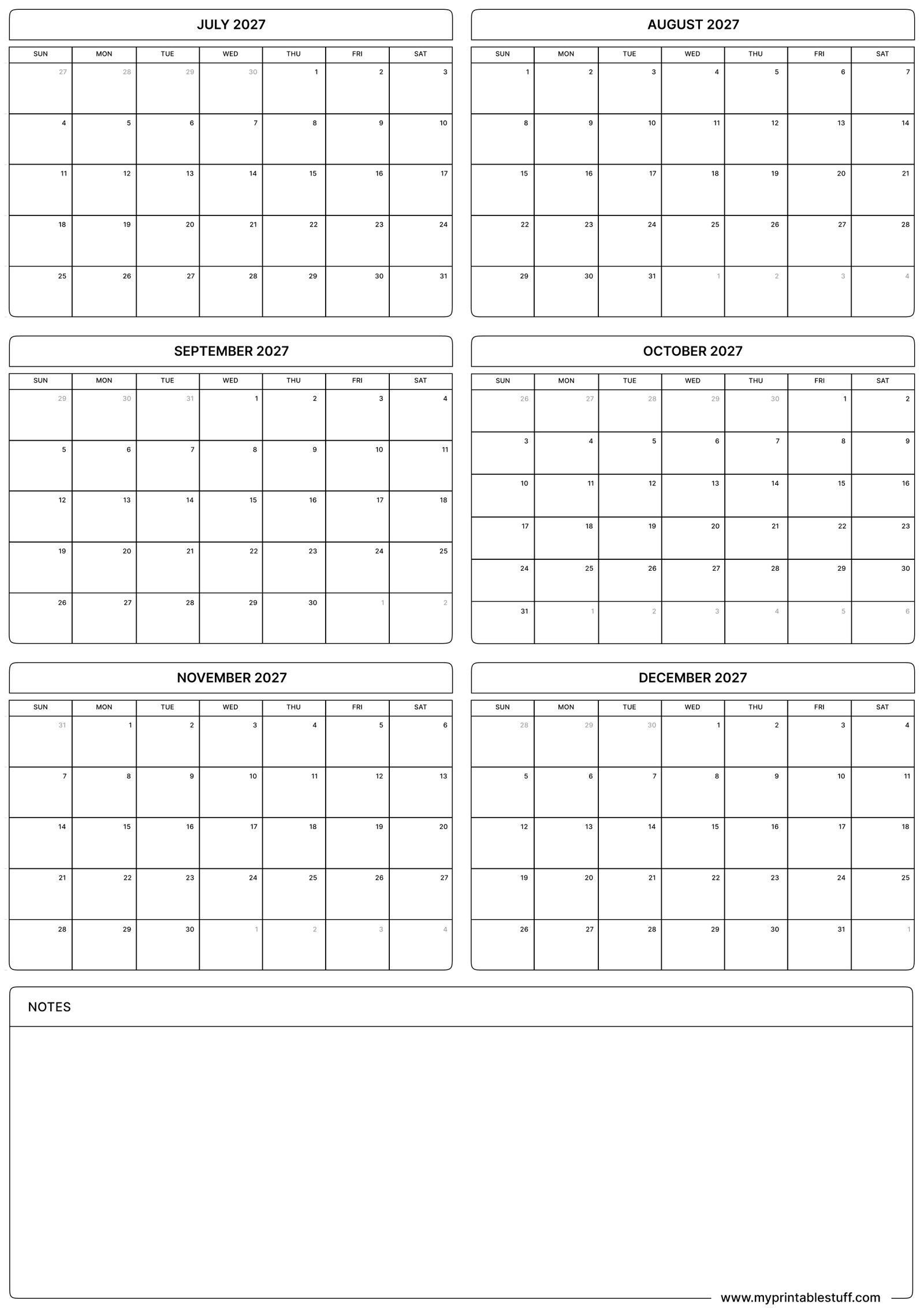 July August September October November December Calendar Portrait