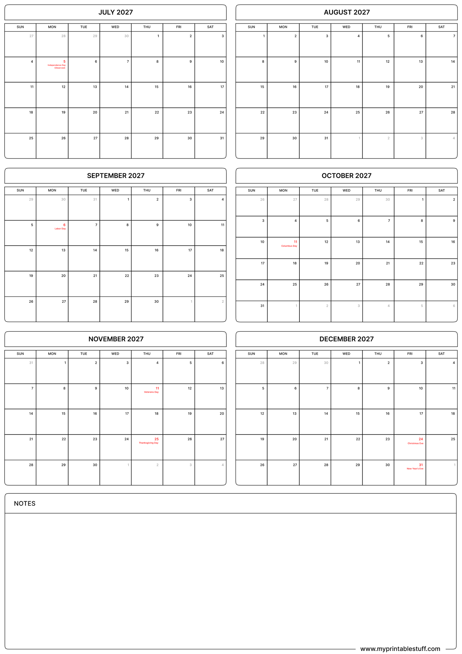 July August September October November December Calendar with US Holiday Portrait