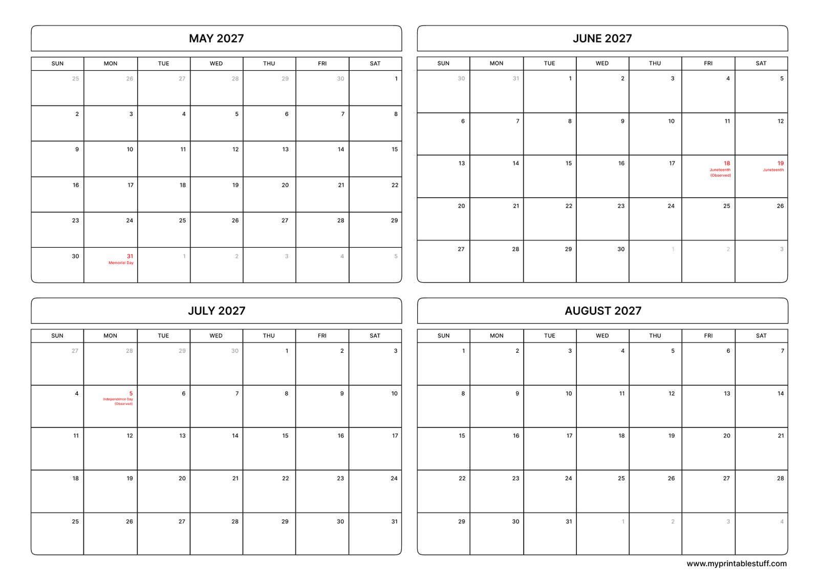 May June July August 2027 Calendar With US Holiday Landscape