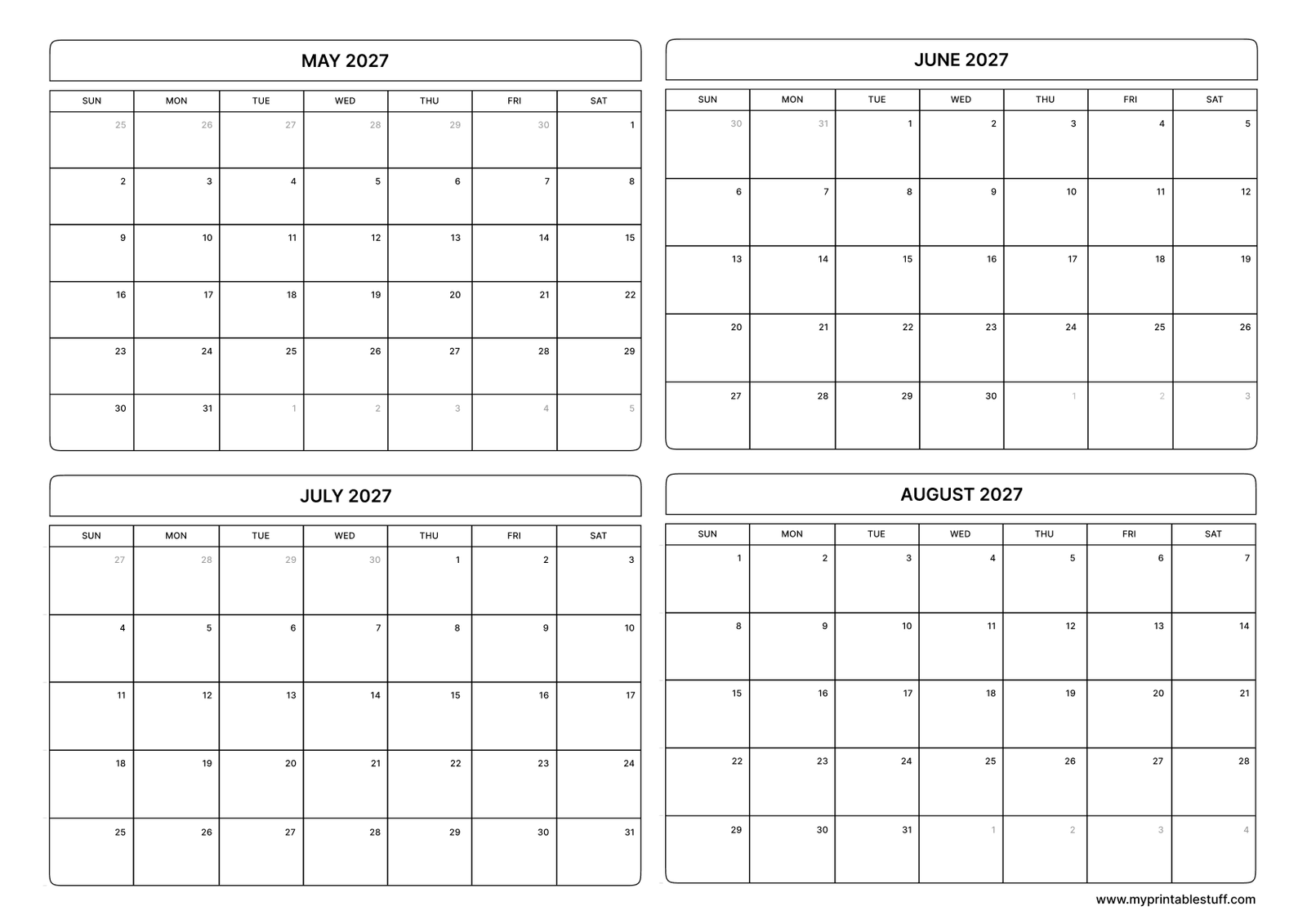 May June July August 2027 Calendar Landscape