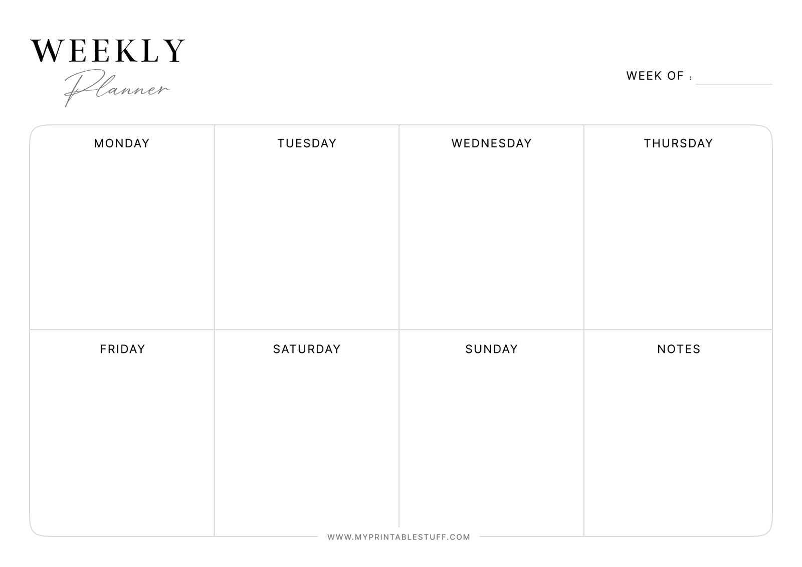 Printable Minimal Weekly Planner Template Landscape
