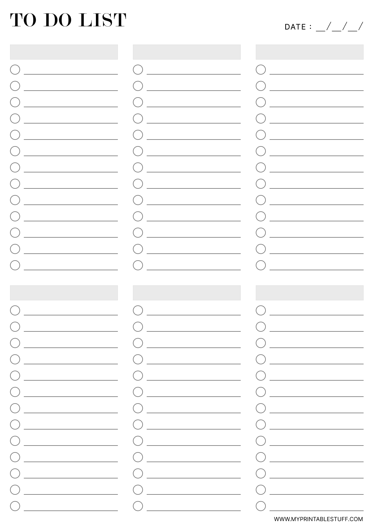 Printable Modern Six Column To-Do List Template Portrait