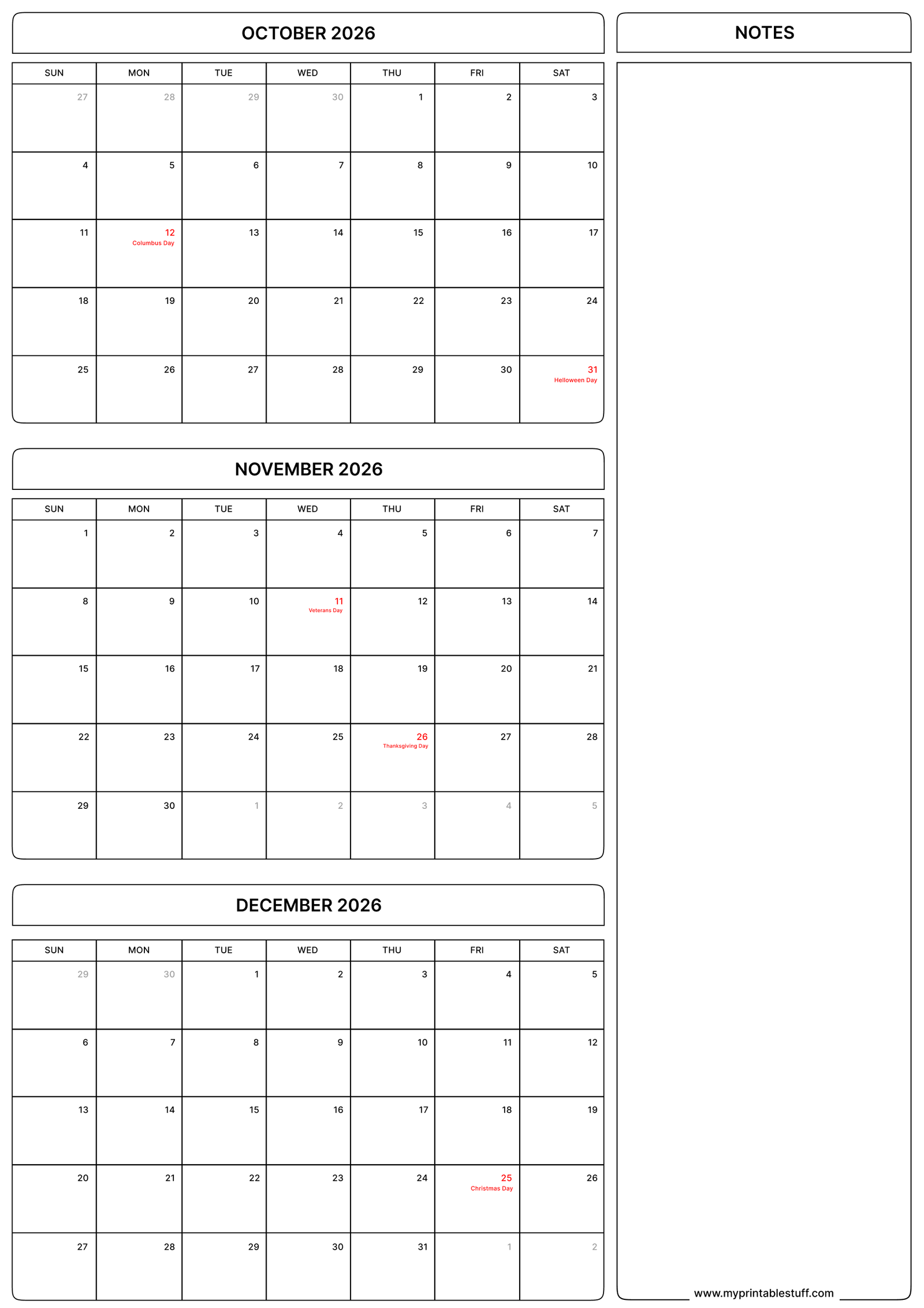 October November December 2026 Calendar with USA Holiday Portrait