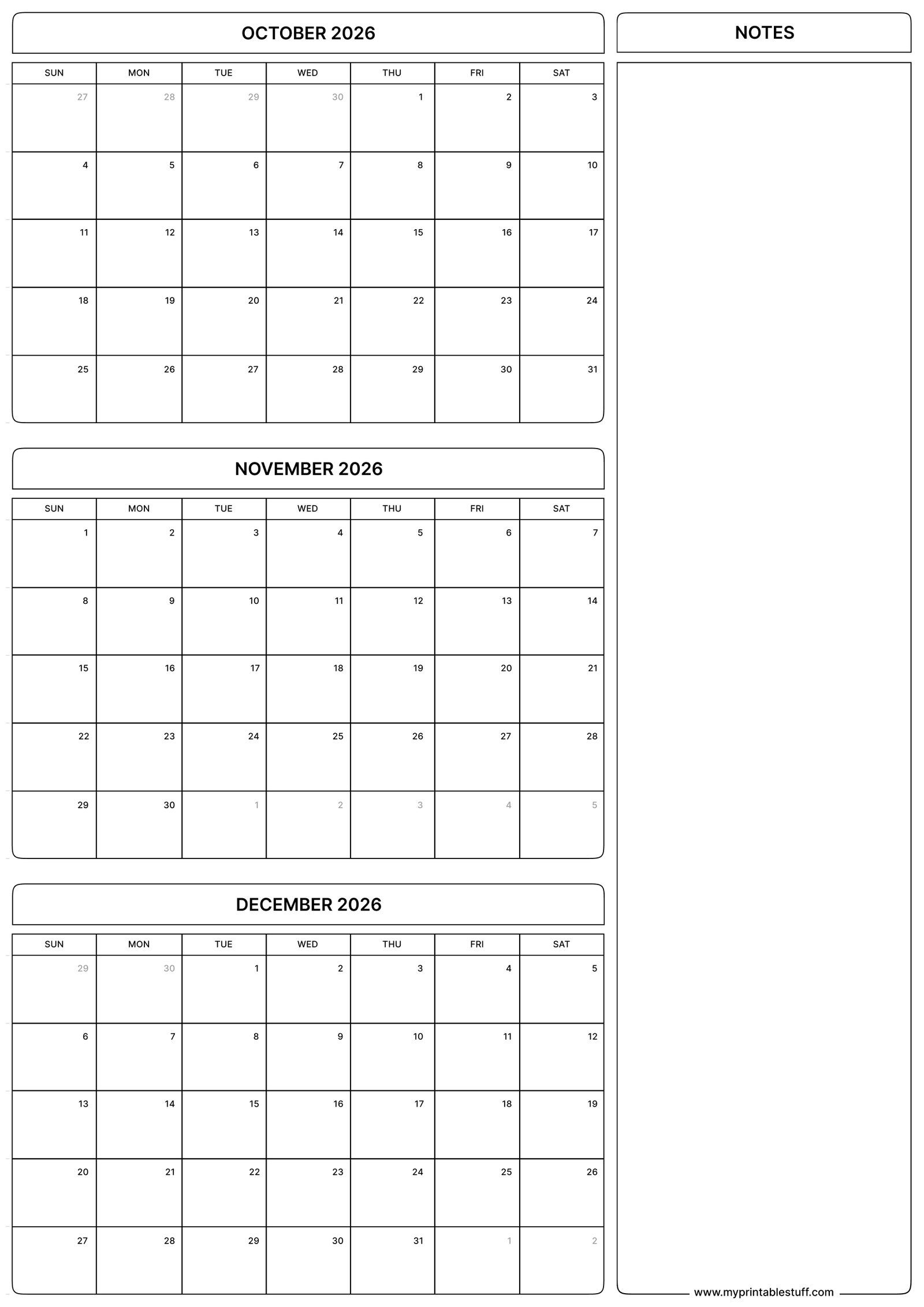 October November December 2026 Calendar Portrait