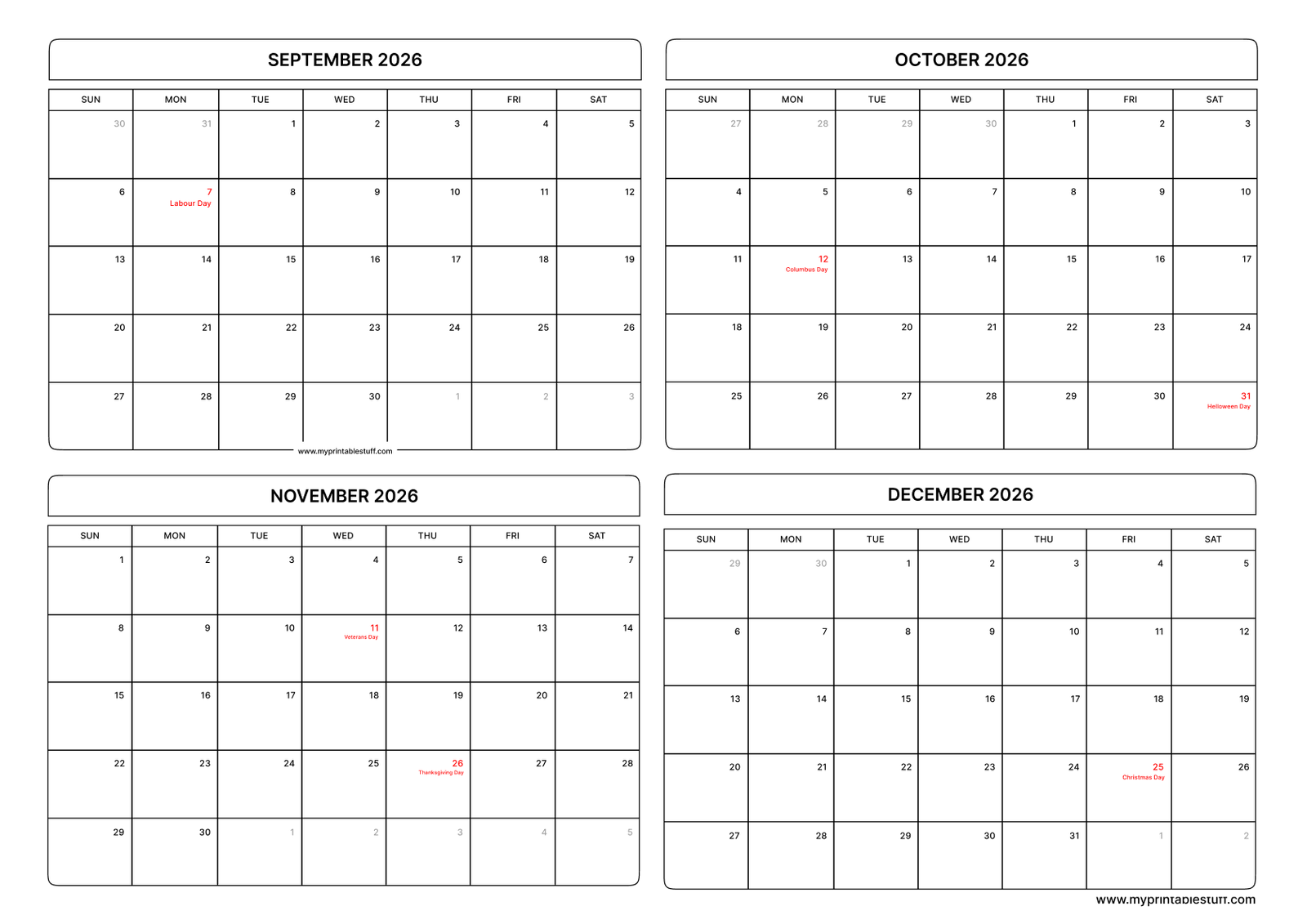 September October November December 2026 Calendar with US Holiday  Landscape
