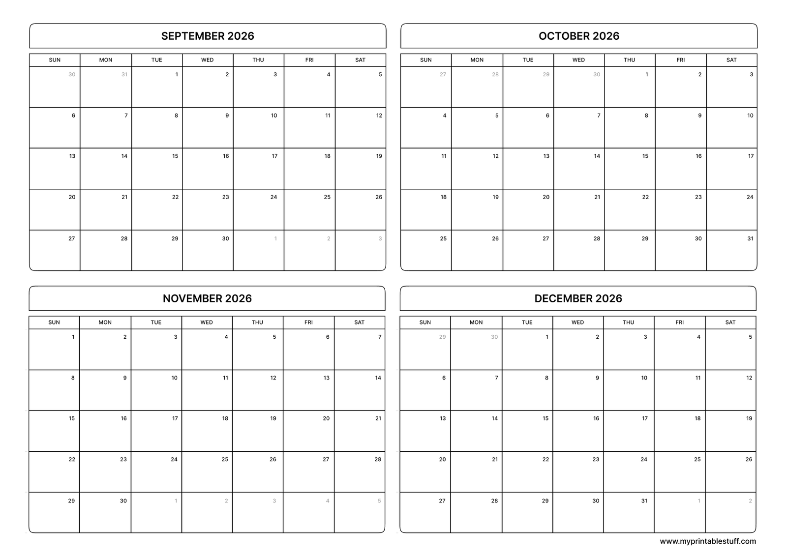 September October November December 2026 Calendar Landscape