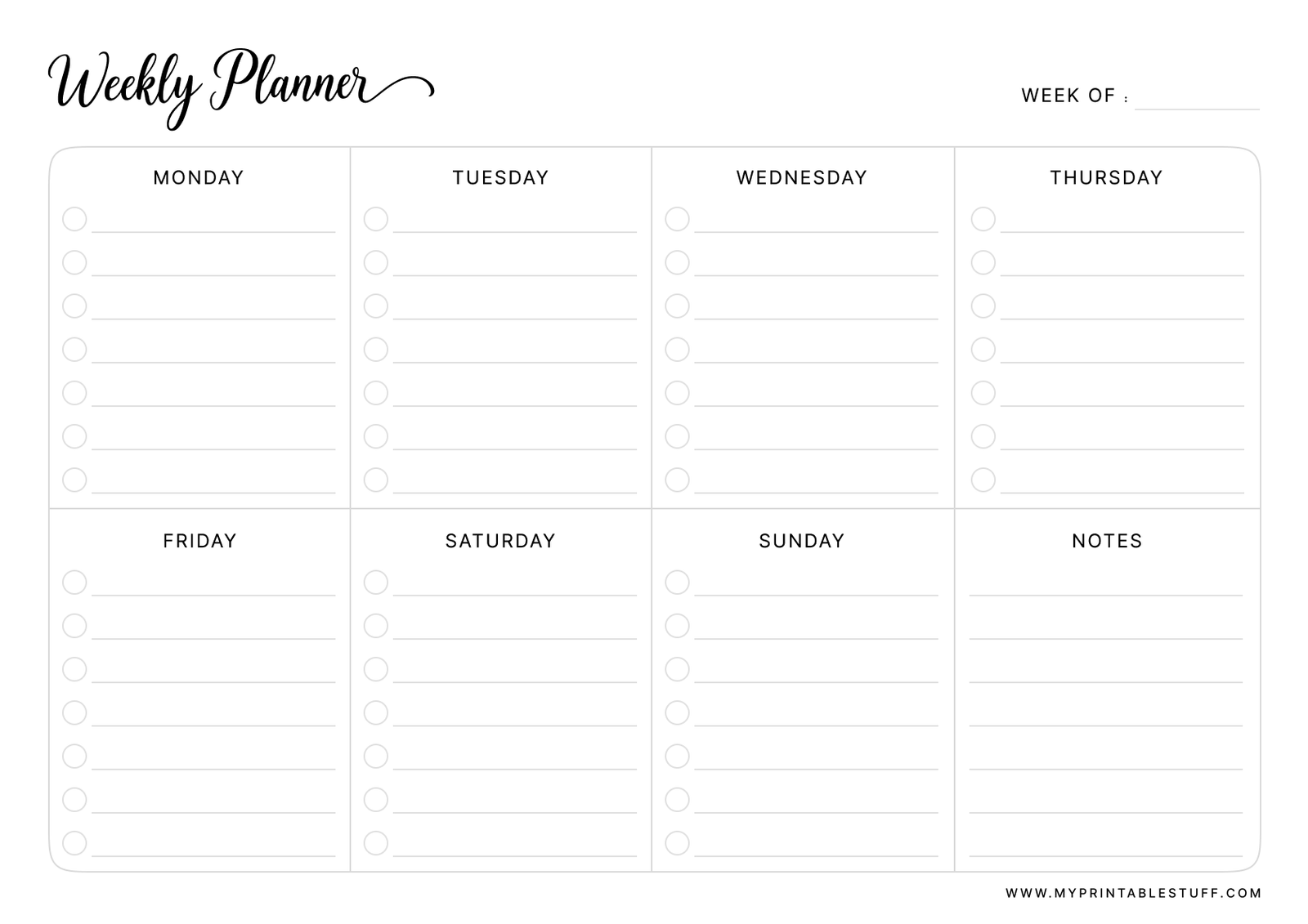 Printable Simple Weekly Planner Template Landscape