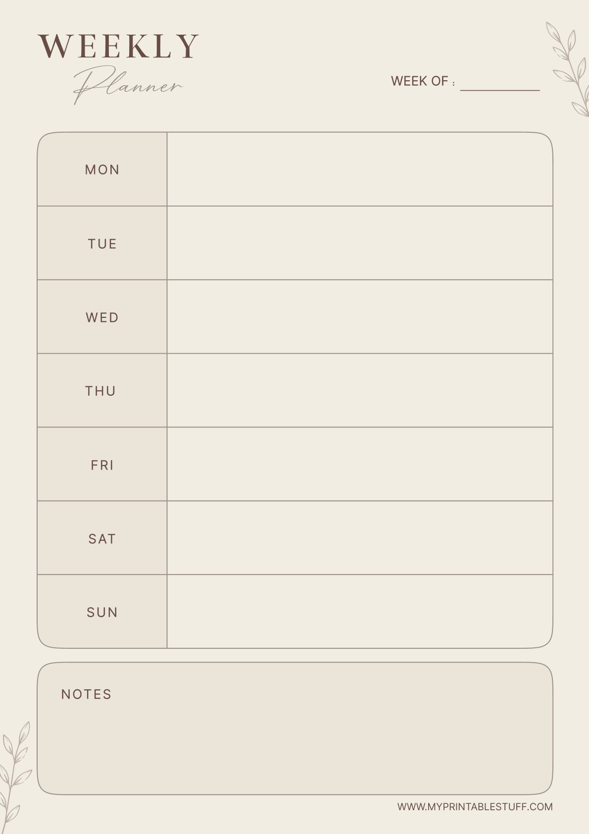 Printable Soft Beige Weekly Planner Template Portrait
