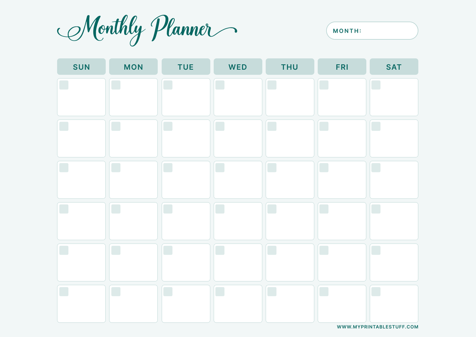 Printable Teal Elegance Monthly Planner Template Landscape