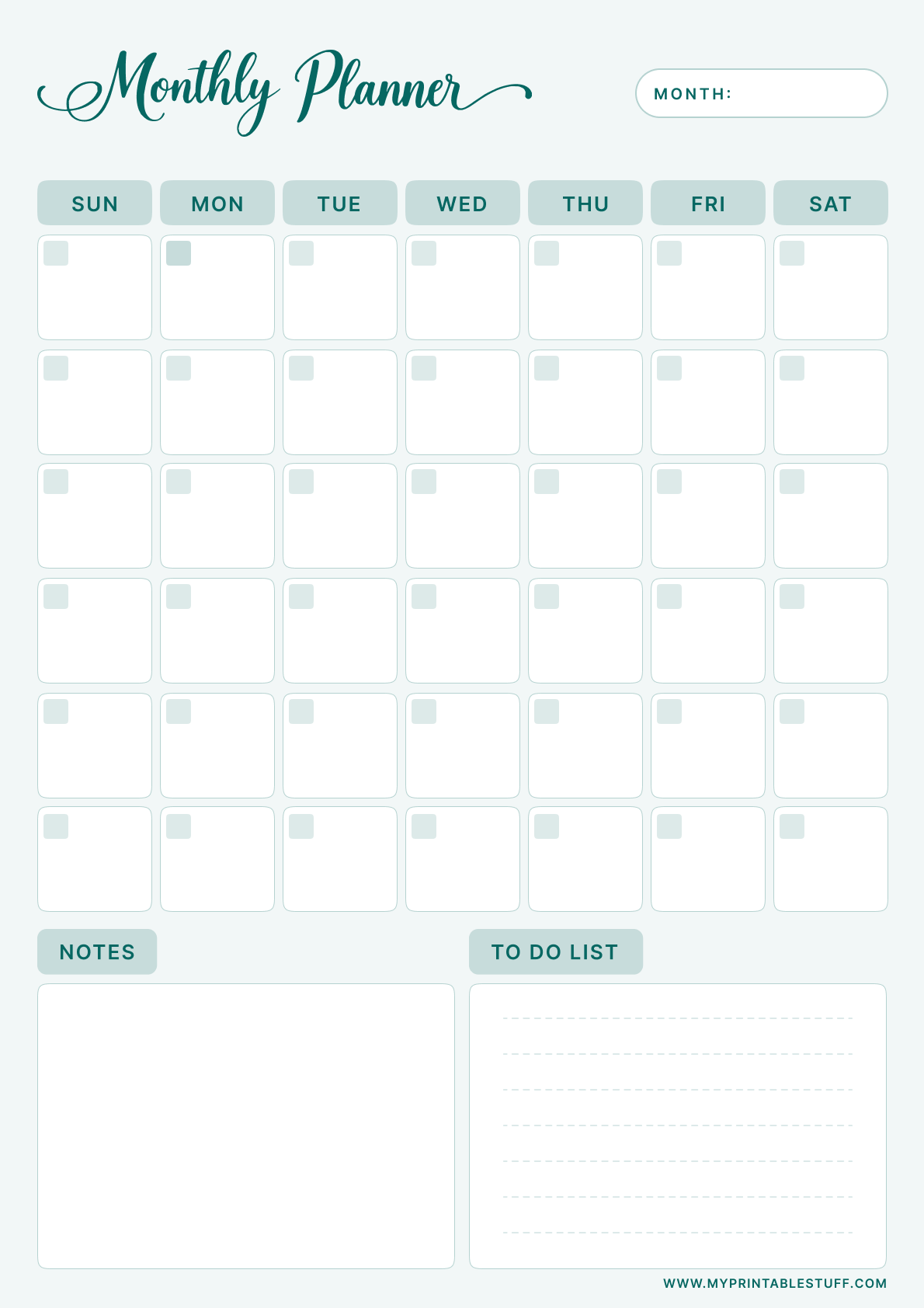 Printable Teal Elegance Monthly Planner Template Portrait