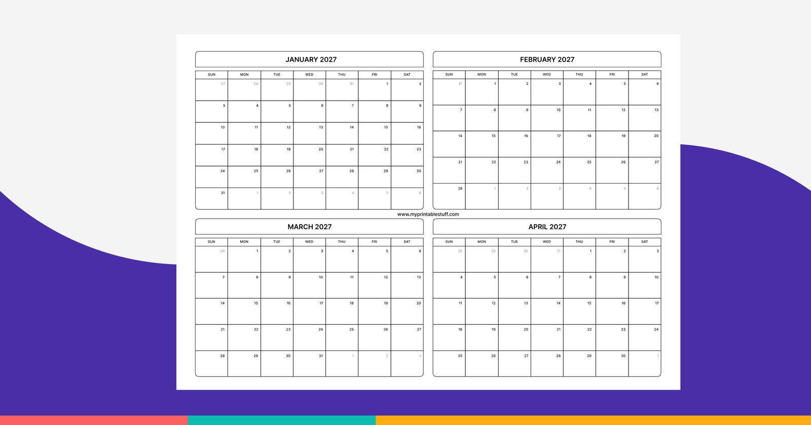 Free Printable January to April 2027 Calendar (PDF)