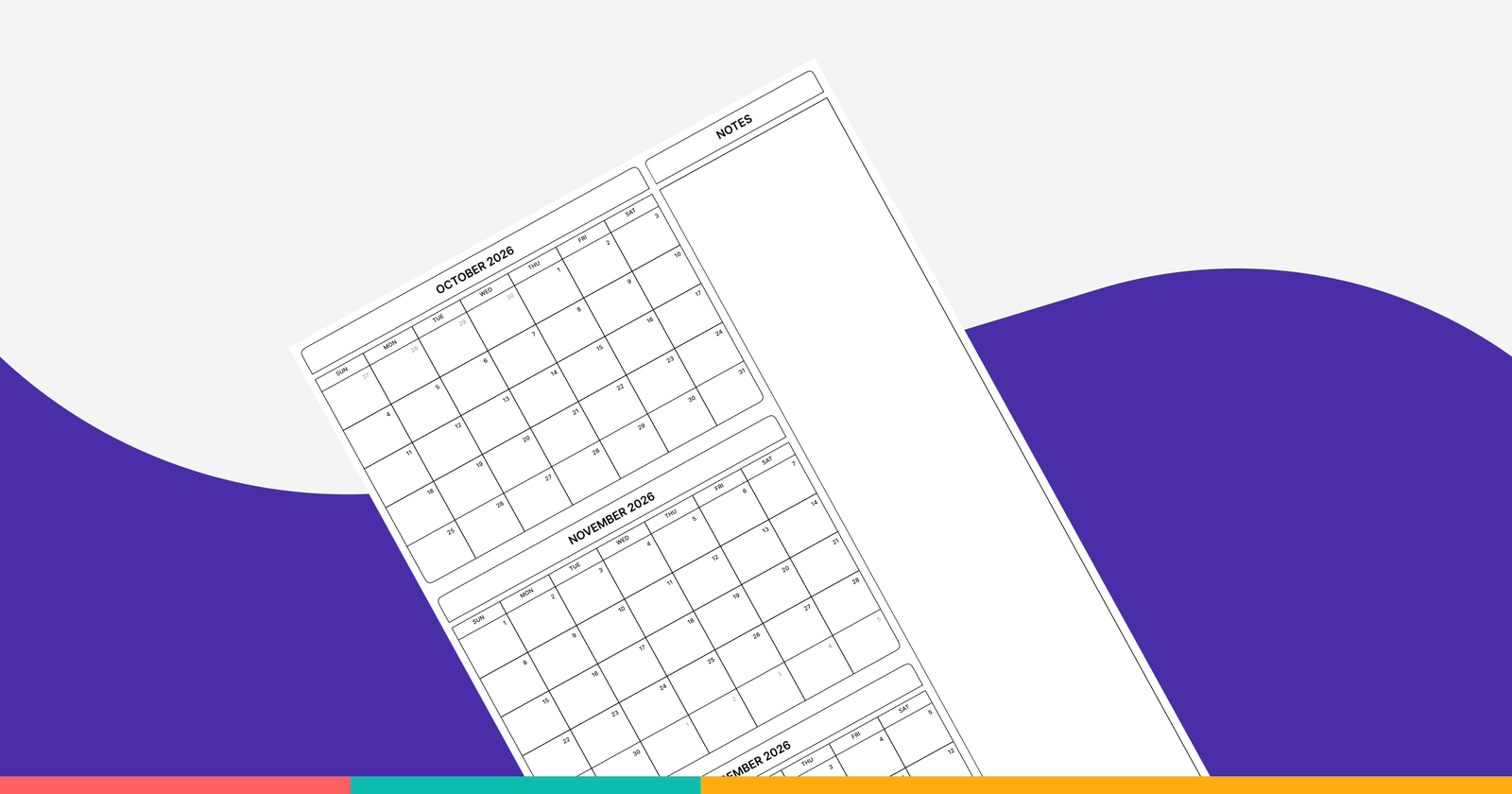 Free Printable October November December 2026 Calendar