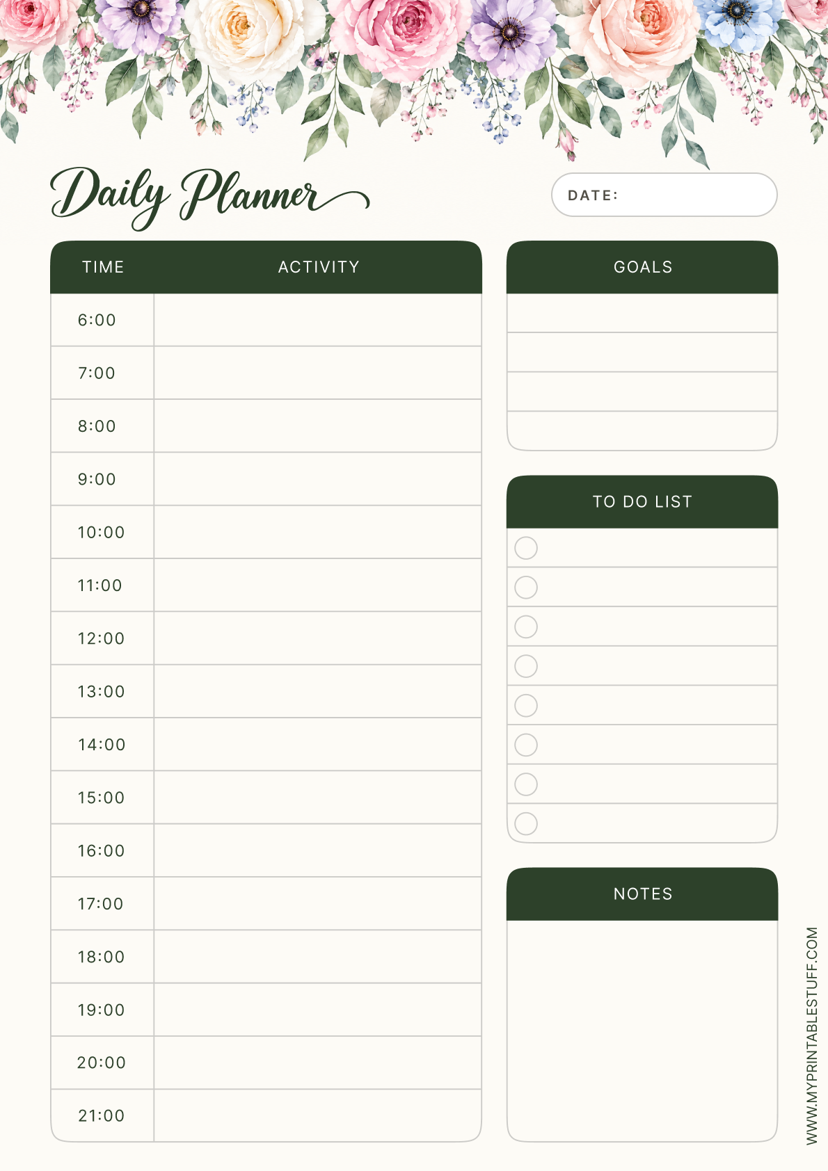 Printable Aesthetic Floral Daily Planner Template Portrait