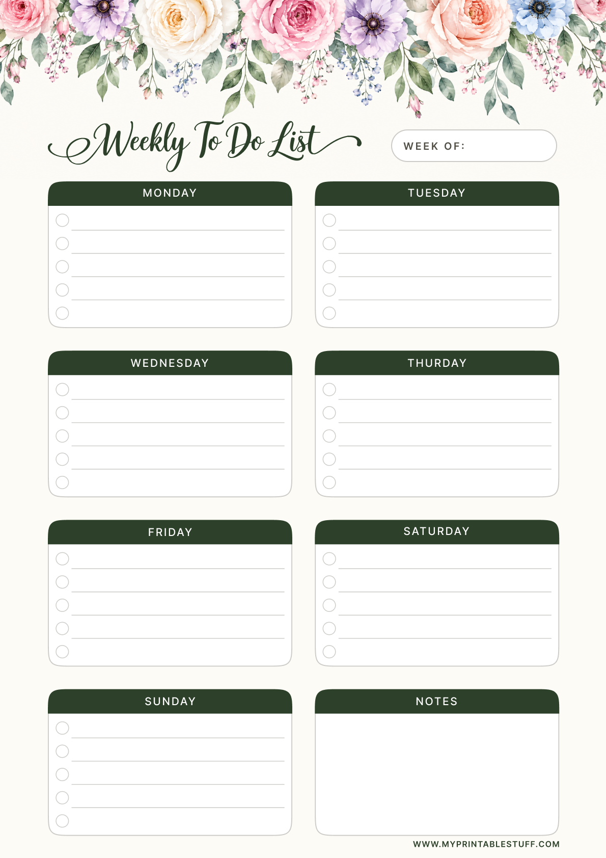 Printable Aesthetic Floral Weekly To-Do List Template Portrait