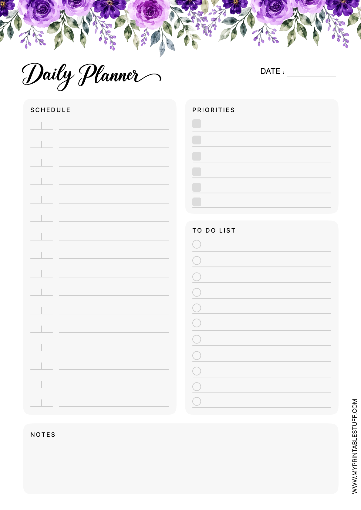 Printable Lavender Floral Daily Planner Template Portrait