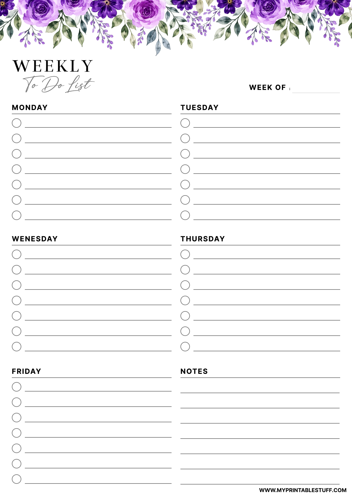 Printable Lavender Floral Weekly To-Do List Template Portrait