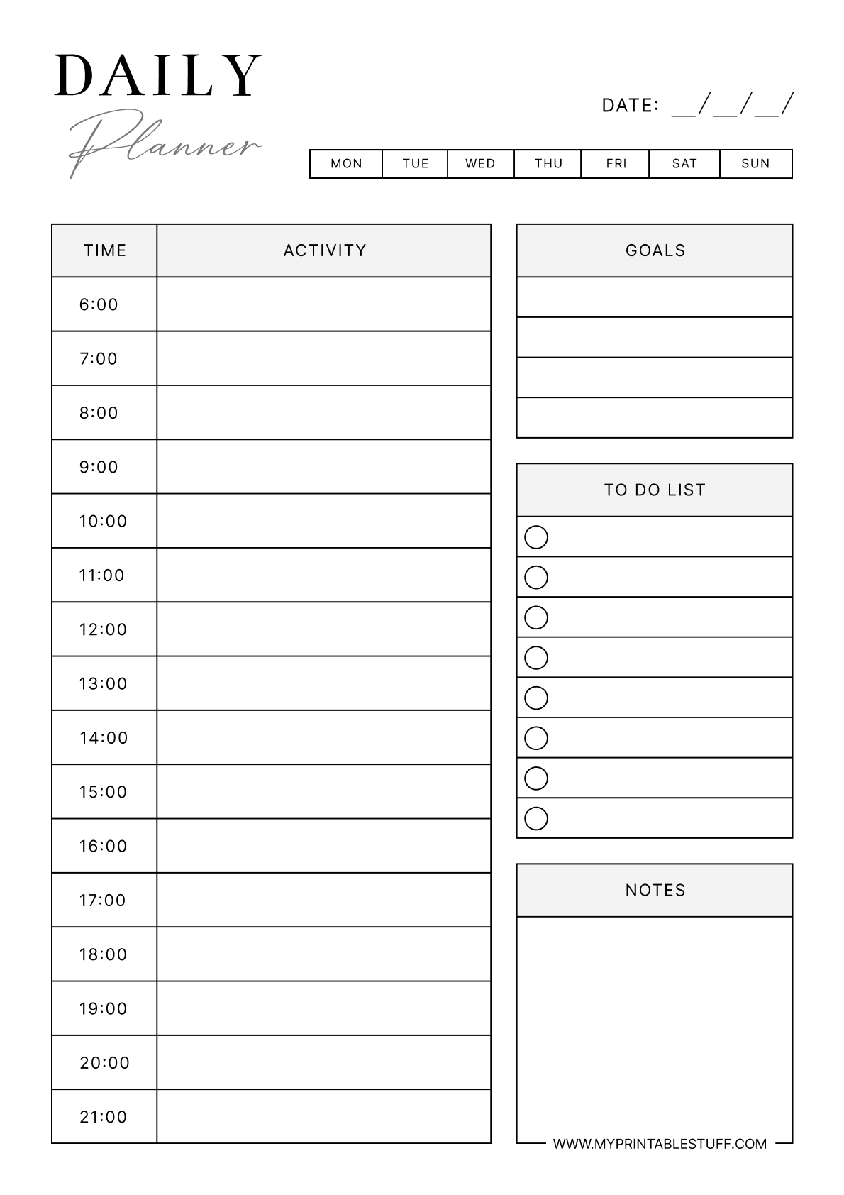Printable Minimal Daily Planner Template Portrait