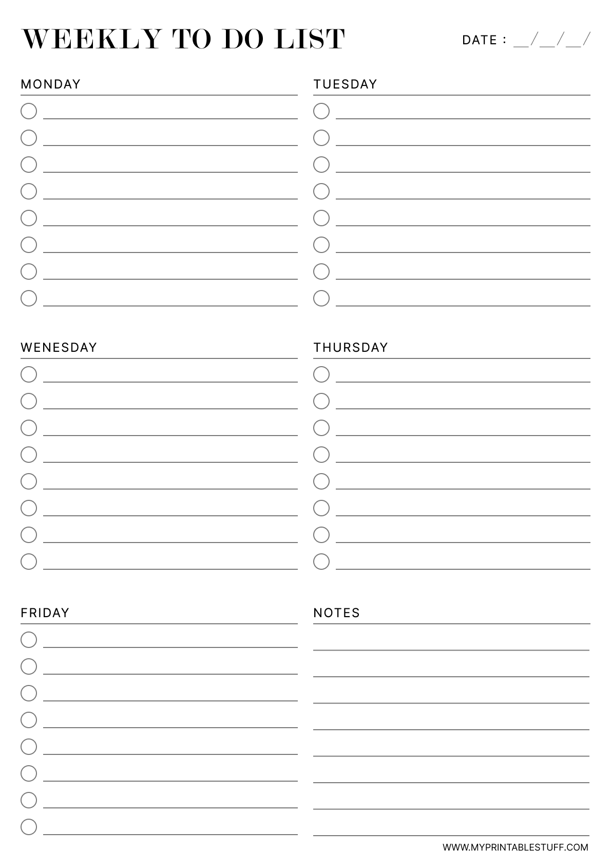 Printable Minimalist Weekly To-Do List Template Portrait