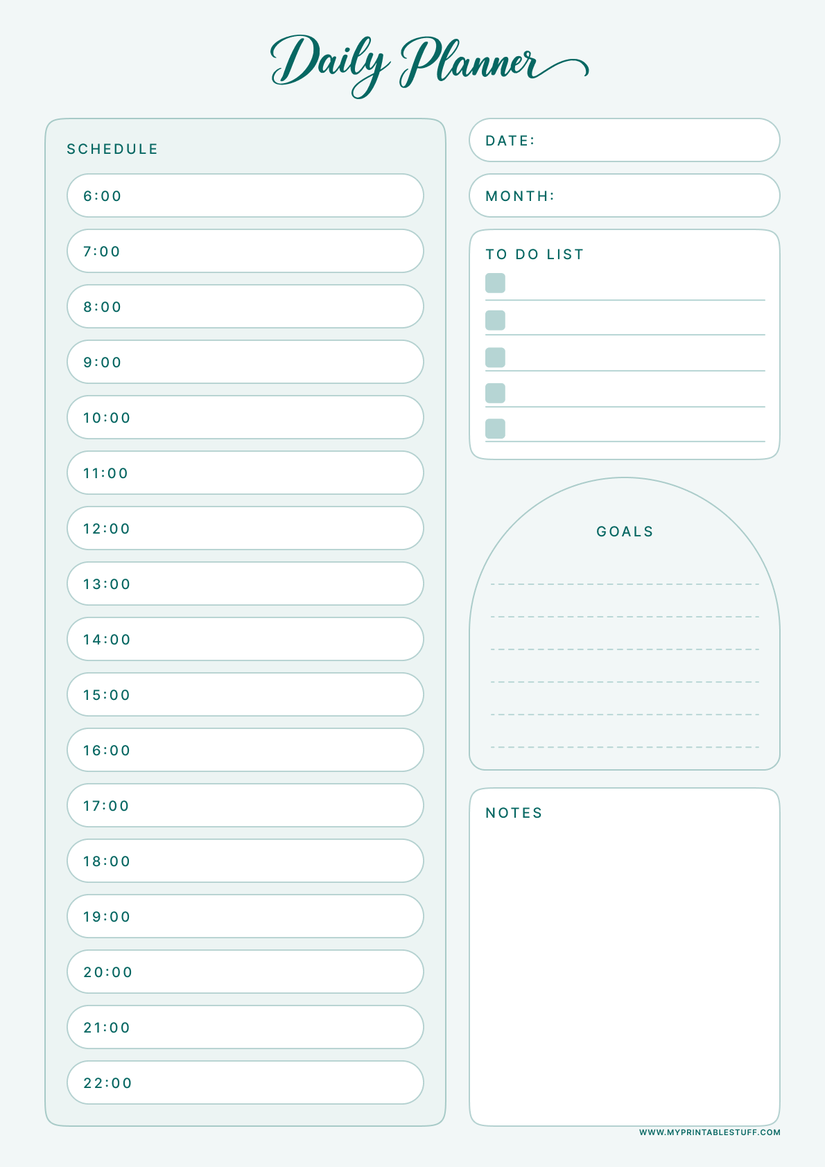 Printable Teal Elegance Daily Planner Template Portrait